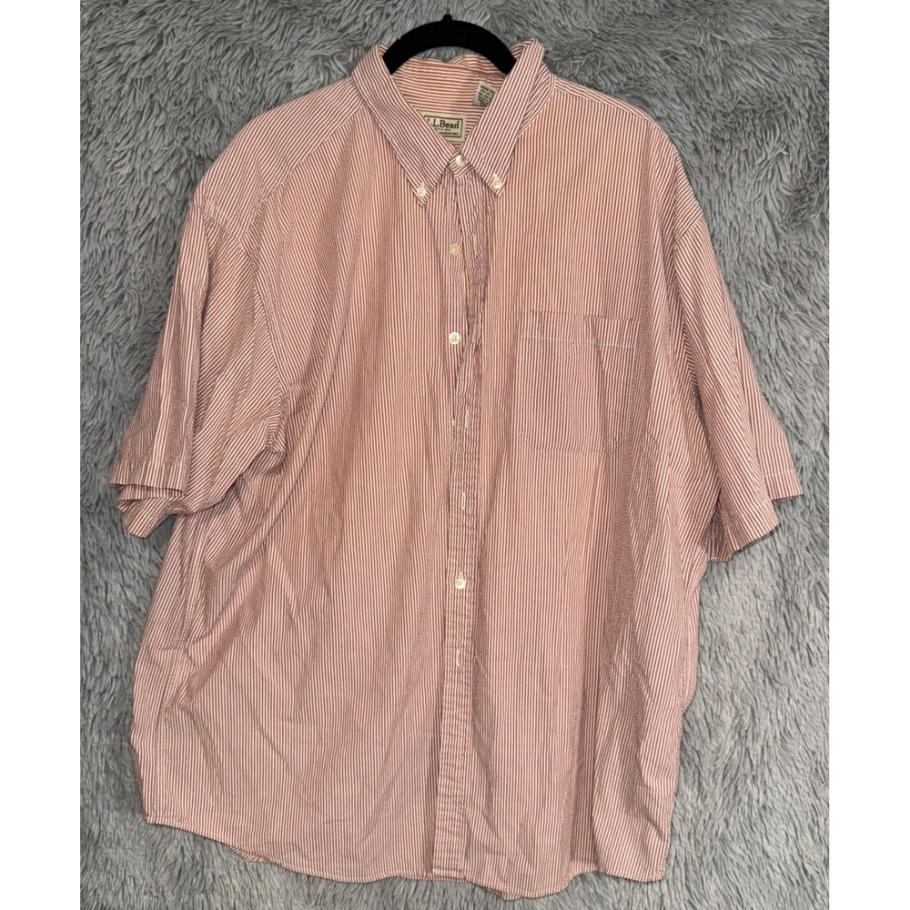 LL Bean Mens Red White Striped Short Sleeve Button Down Shirt XL Reg Cotton